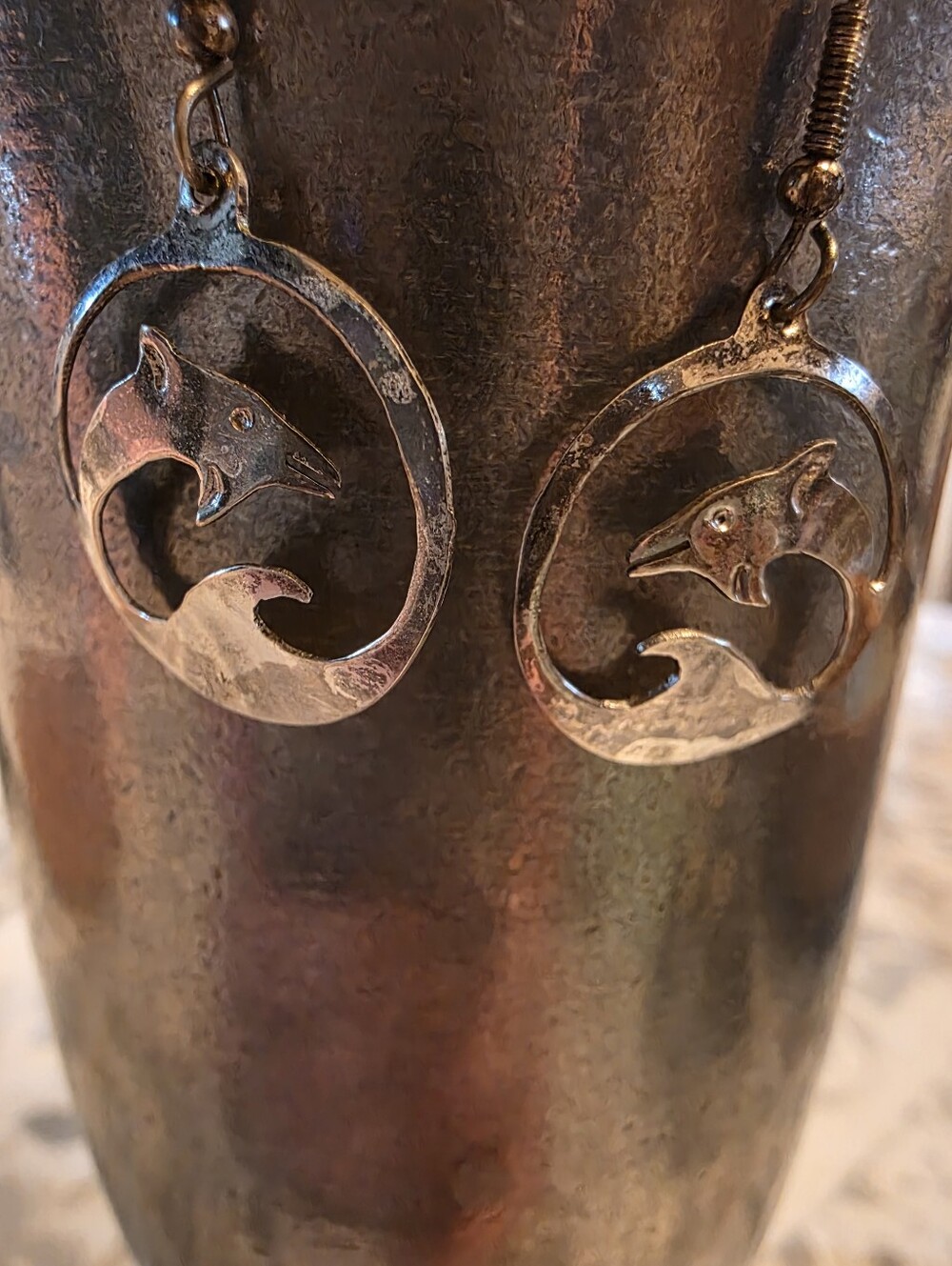 Vintage Mexican Alpaca Silver Dolphin Ocean Wave Dangle Earrings